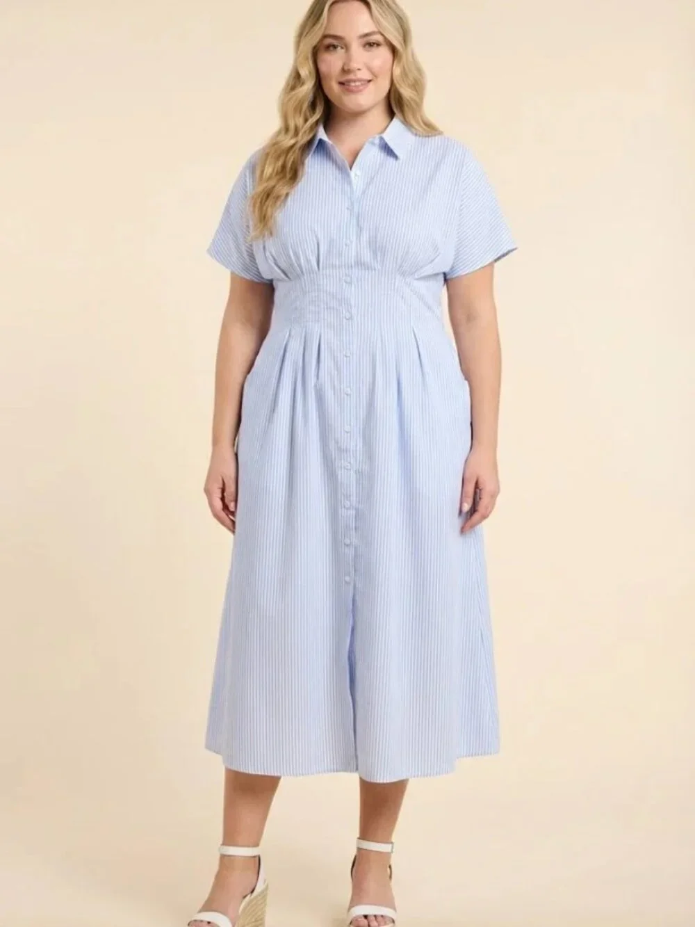 Old Navy Pintuck Waist Striped Shirt Dress Midi Length Light Blue size 2X